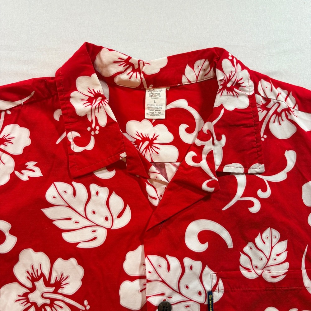 Palmwave Hawaii Shirt Mens Large Red Hibiscus Floral Cotton Aloha Camp Button Up